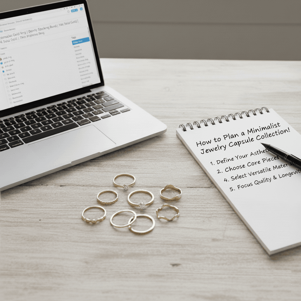 Curated set of minimalist jewelry pieces laid out like a capsule collection