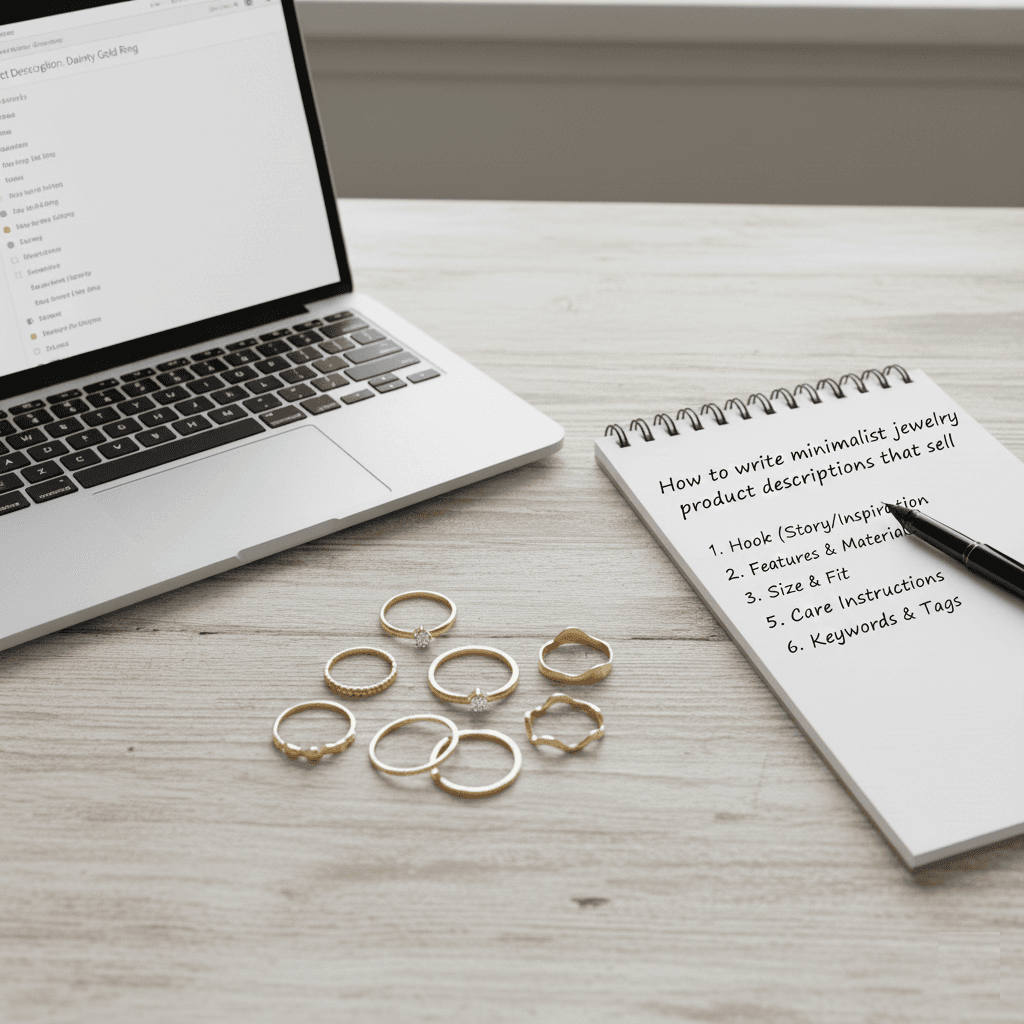 Minimalist jewelry description example with a thin gold ring and copy notes