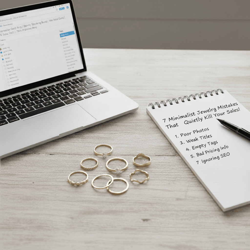 Checklist of minimalist jewelry listing mistakes with icons